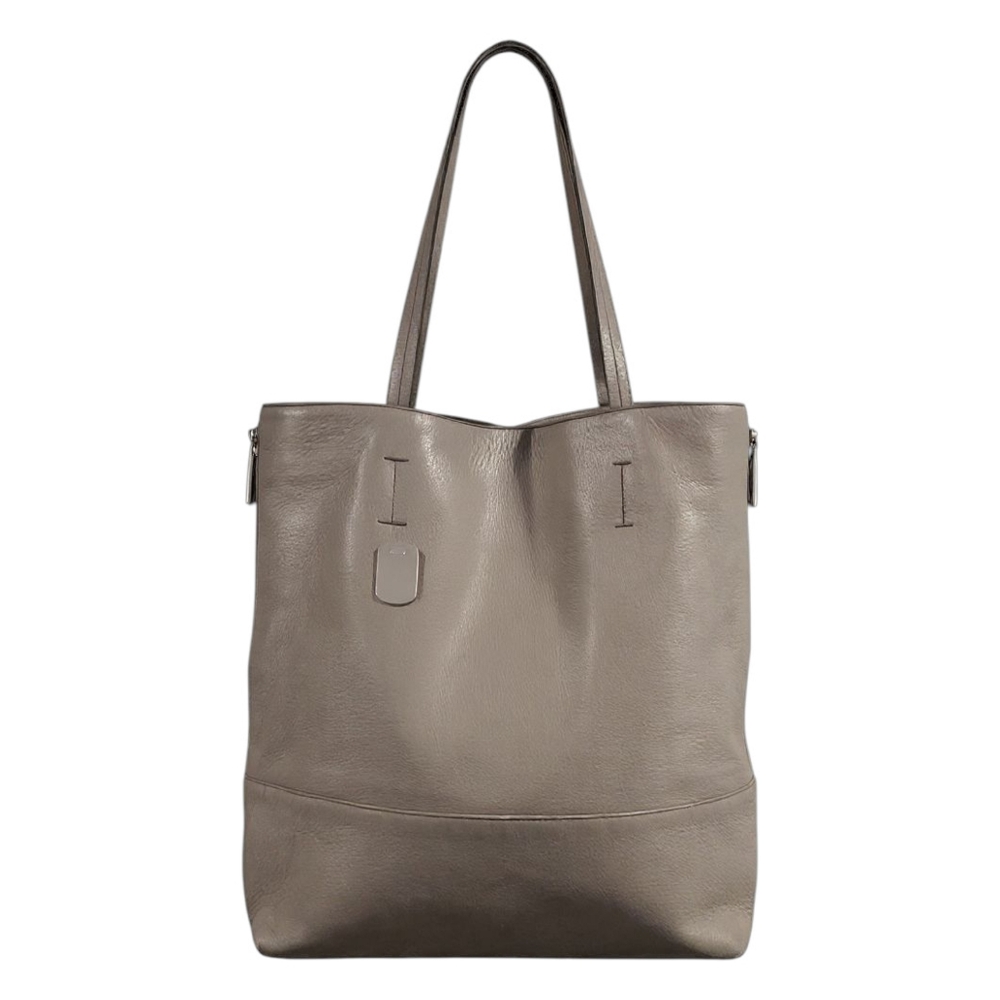 FURLA Side-Zip Expandable Leather Shopper Tote – Taupe w/ Contrast Blue
